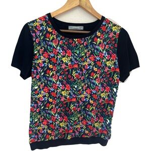 Woman Floral and Navy Blue Women's Short Sleeve Knit Top Size Small